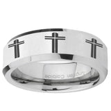10mm Multiple Christian Cross Beveled Edge Silver Tungsten Ring