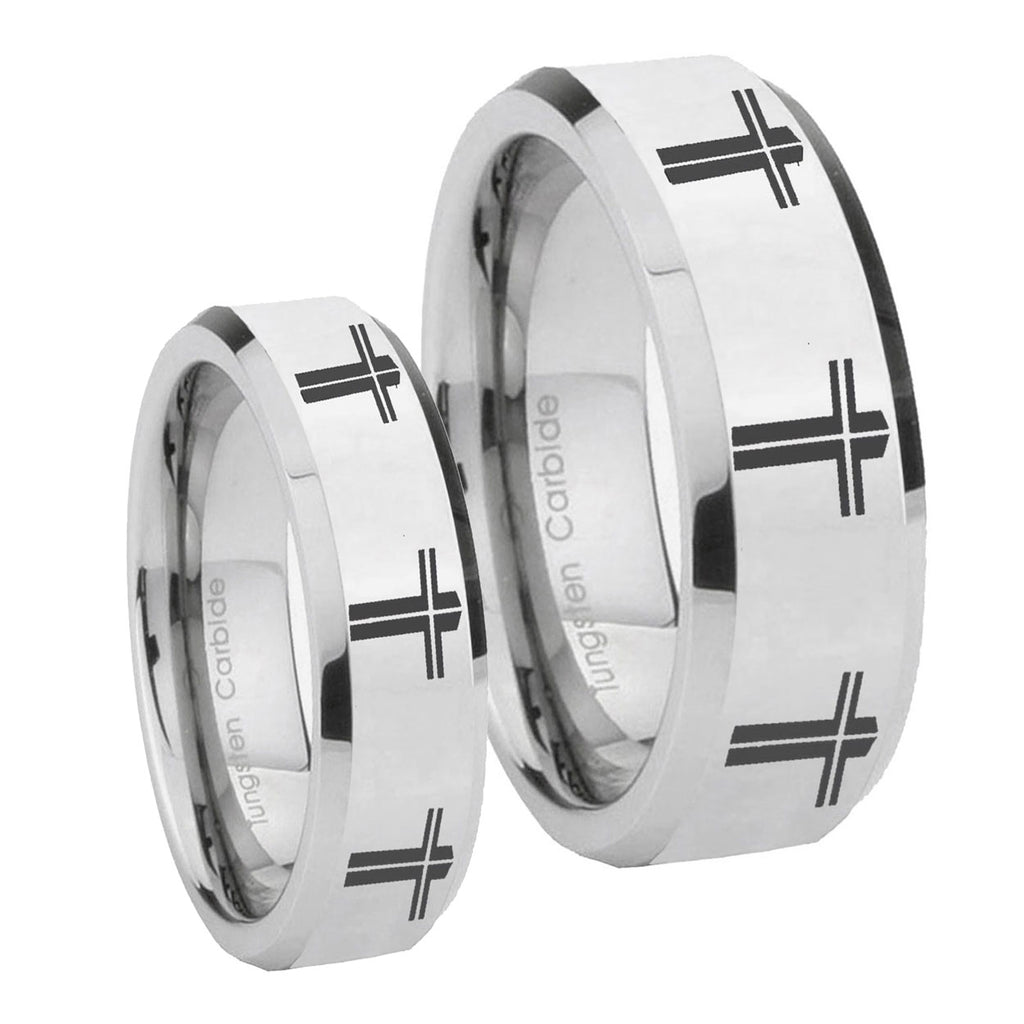 Multiple Christian Cross Beveled Silver Tungsten Wedding Ring Set
