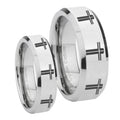 Multiple Christian Cross Beveled Silver Tungsten Wedding Ring Set