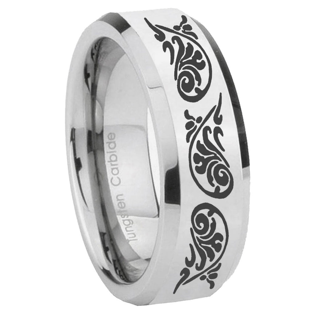 10mm Etched Tribal Pattern Beveled Edges Silver Tungsten Men's Band Ring