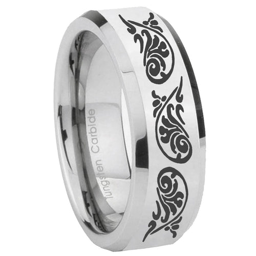 10mm Etched Tribal Pattern Beveled Edges Silver Tungsten Men's Band Ring