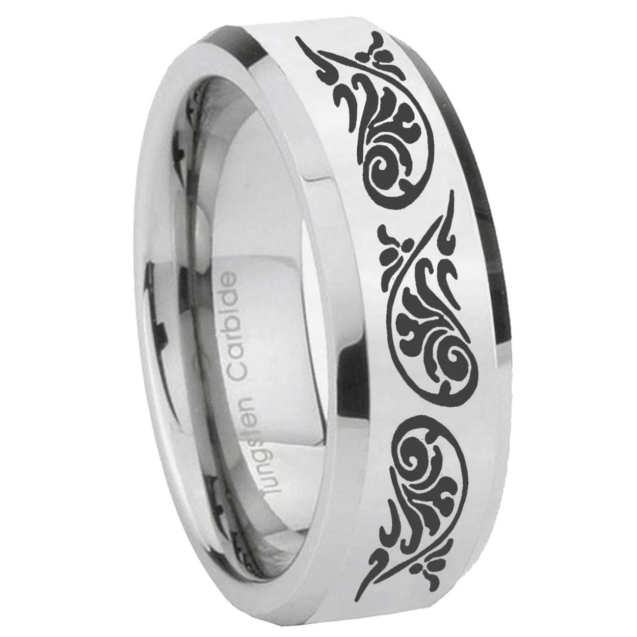 8MM Etched Tribal Pattern Bevel Polish Silver Tungsten Promise Ring