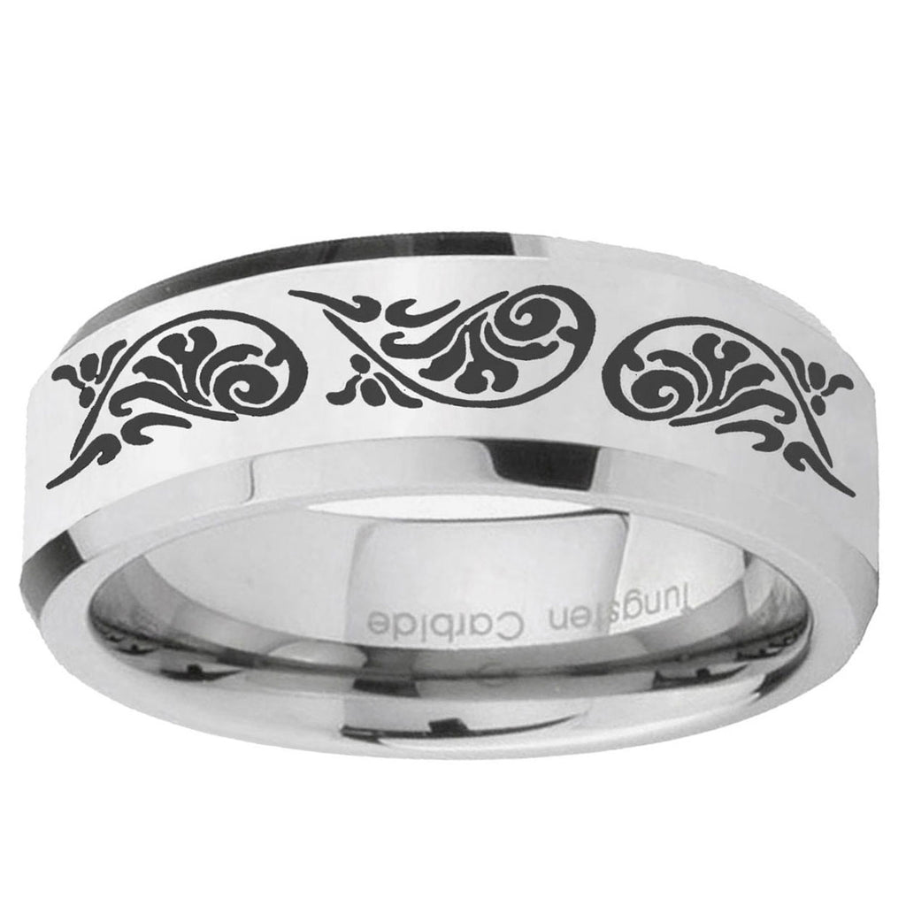 10mm Etched Tribal Pattern Beveled Edge Silver Tungsten Ring