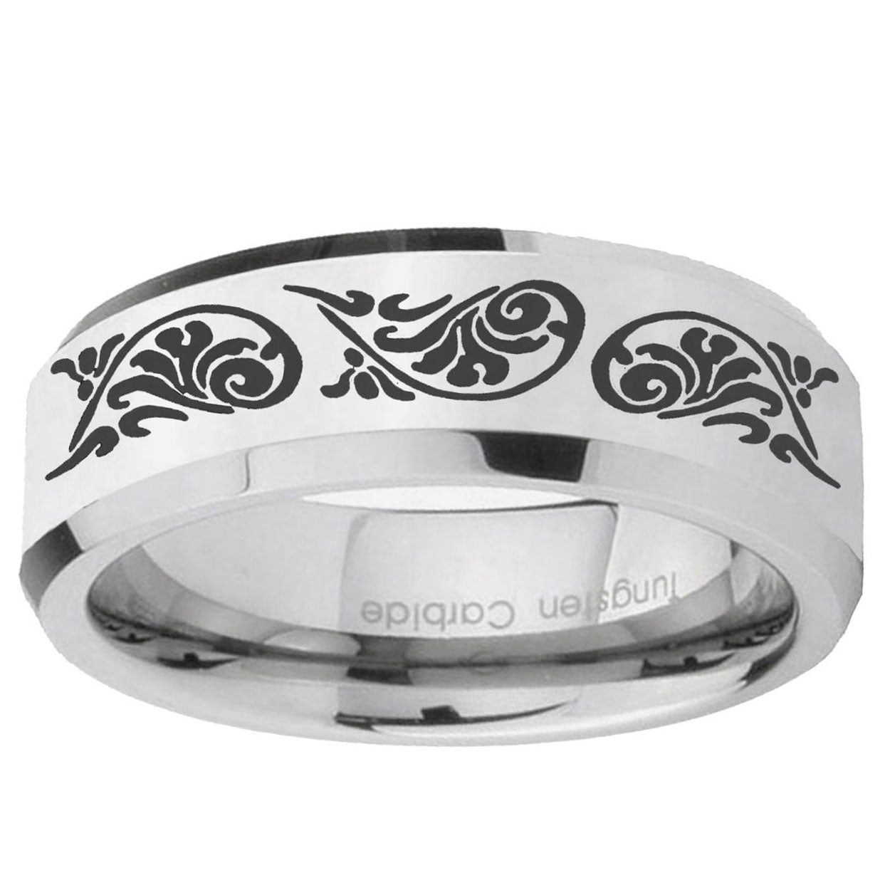 10mm Etched Tribal Pattern Beveled Edge Silver Tungsten Ring
