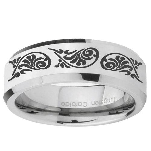 10mm Etched Tribal Pattern Beveled Edge Silver Tungsten Ring