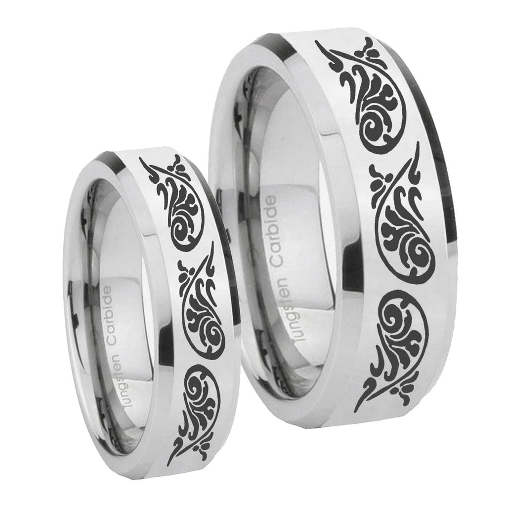Etched Tribal Pattern Beveled Edges Silver Tungsten Bridal Set Ring