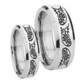 Etched Tribal Pattern Beveled Edges Silver Tungsten Bridal Set Ring