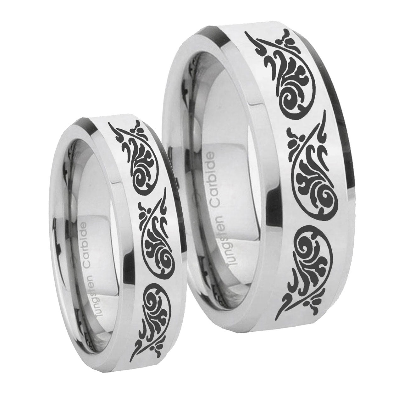 Etched Tribal Pattern Beveled Edges Silver Tungsten Bridal Set Ring