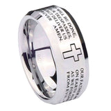 10mm-Bible-Lord's-Prayer-Cross-Beveled-Edges-Silver-Tungsten-Carbide-Mens-Ring-Engraved