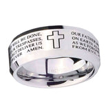 10mm-Bible-Lord's-Prayer-Cross-Beveled-Edges-Silver-Tungsten-Carbide-Mens-Ring-Engraved