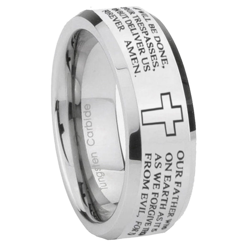 10mm Bible Lord's Prayer Cross Beveled Edges Silver Tungsten Carbide Mens Ring Engraved