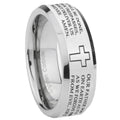 10mm Bible Lord's Prayer Cross Beveled Edges Silver Tungsten Carbide Mens Ring Engraved