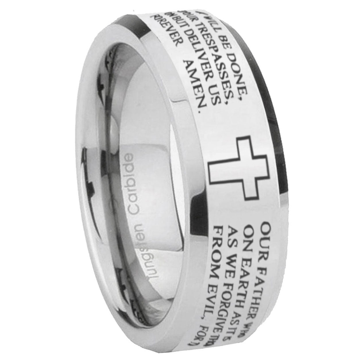 10mm Bible Lord's Prayer Cross Beveled Edges Silver Tungsten Carbide Mens Ring Engraved