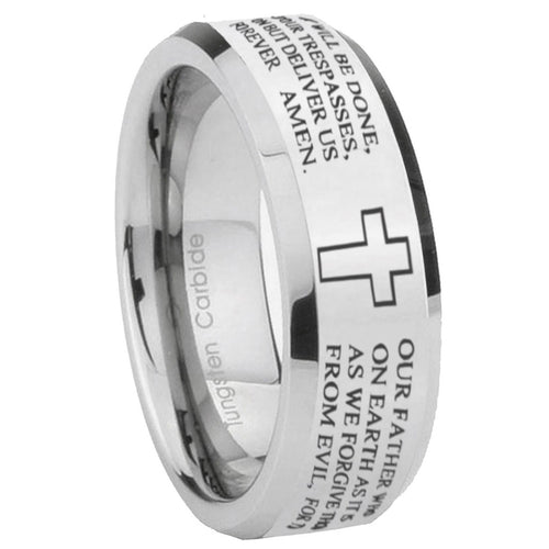 10mm Bible Lord's Prayer Cross Beveled Edges Silver Tungsten Carbide Mens Ring Engraved