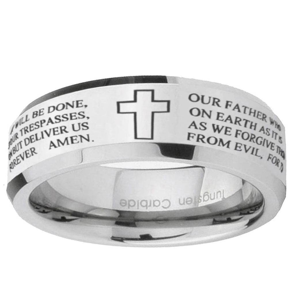 10mm Bible Lord's Prayer Cross Beveled Edge Silver Tungsten Ring