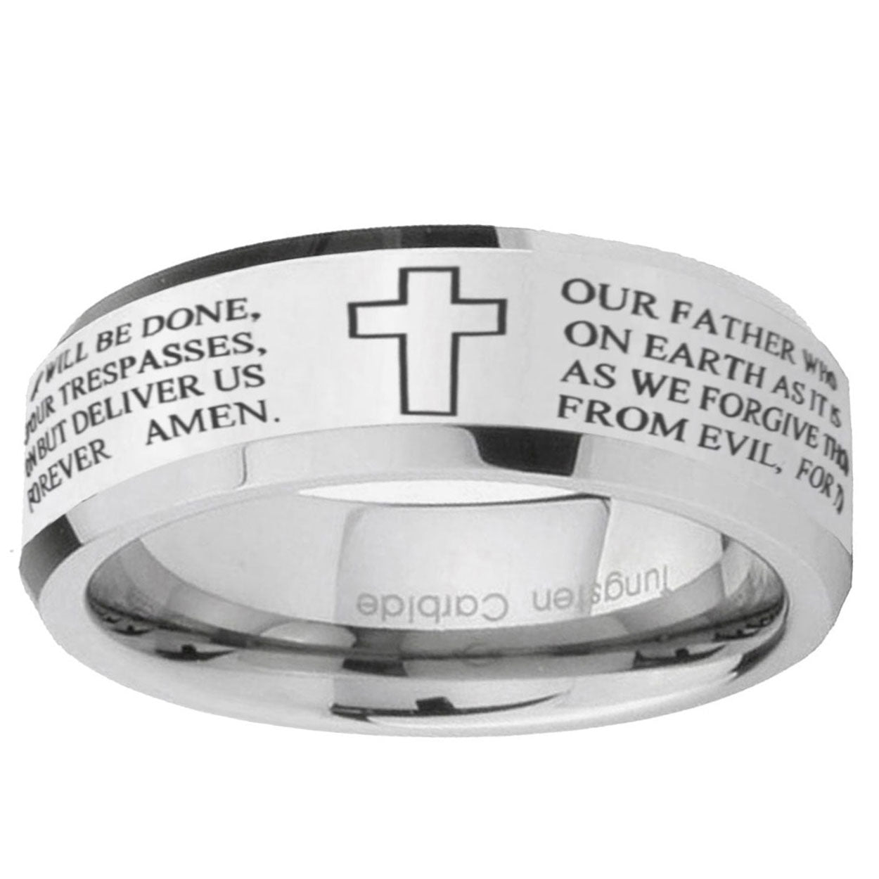 10mm Bible Lord's Prayer Cross Beveled Edge Silver Tungsten Ring