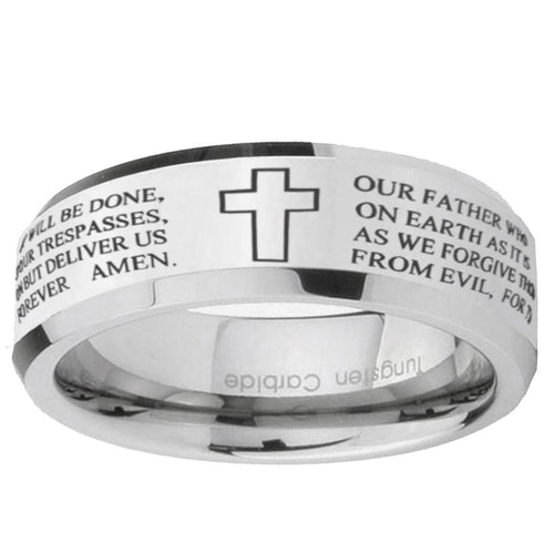 10mm Bible Lord's Prayer Cross Beveled Edge Silver Tungsten Ring