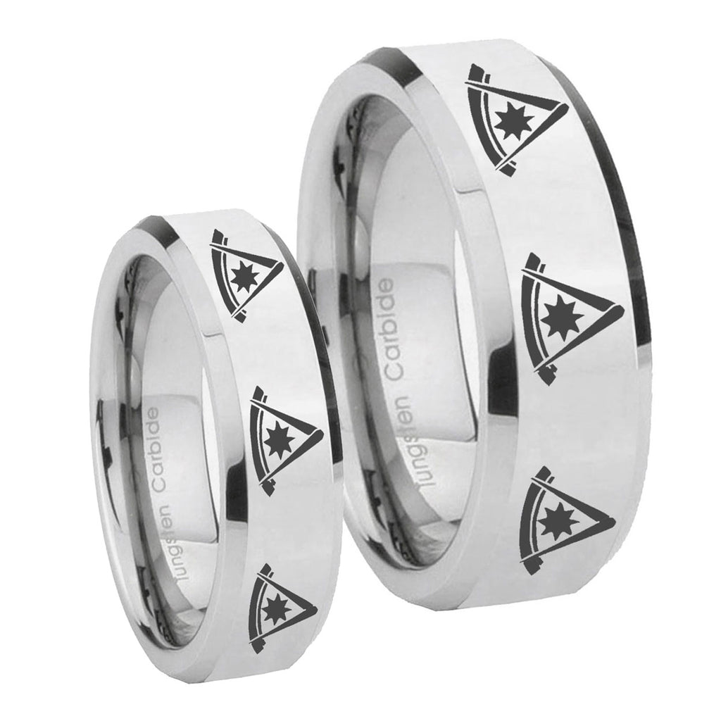 Multiple Pester Master Masonic Beveled Silver Tungsten His Hers Set Rings
