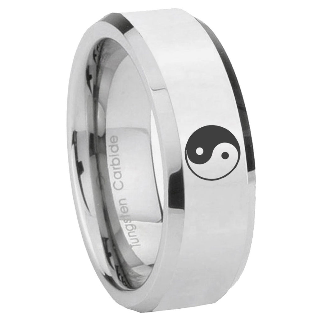 10mm Yin Yang Beveled Edges Silver Tungsten Carbide Anniversary Ring