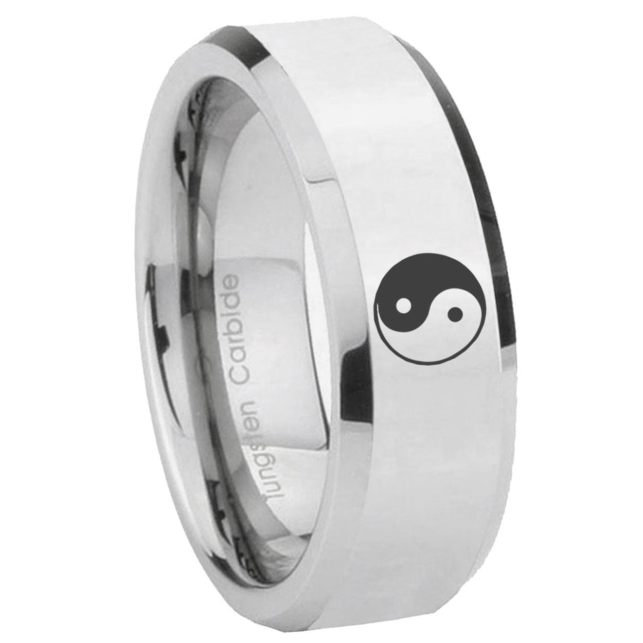8MM Yin Yang Bevel Polish Silver Tungsten Man Wedding Band