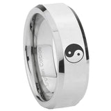 8mm Yin Yang Beveled Edges Silver Tungsten Carbide Mens Engagement Ring