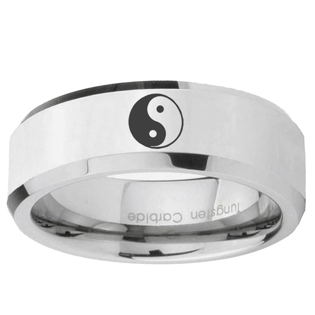 10mm Yin Yang Beveled Edge Silver Tungsten Ring