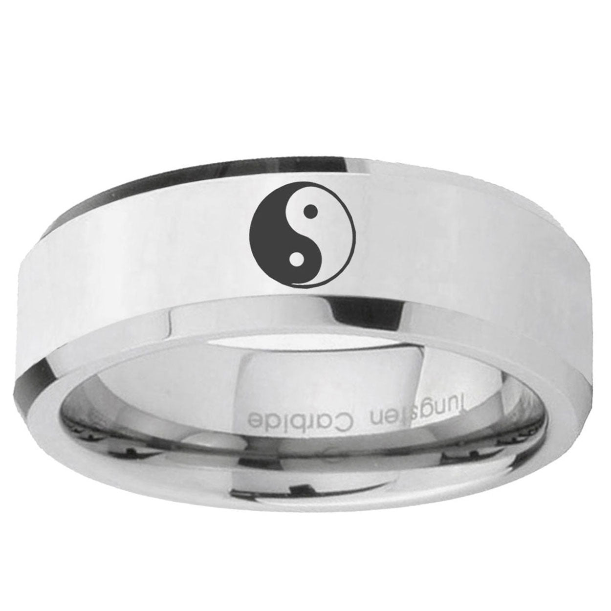 10mm Yin Yang Beveled Edge Silver Tungsten Ring