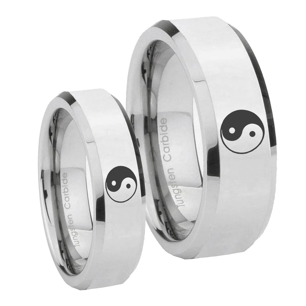 Yin Yang Beveled Edges Silver Tungsten Mens Band Set