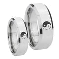 Yin Yang Beveled Edges Silver Tungsten Mens Band Set
