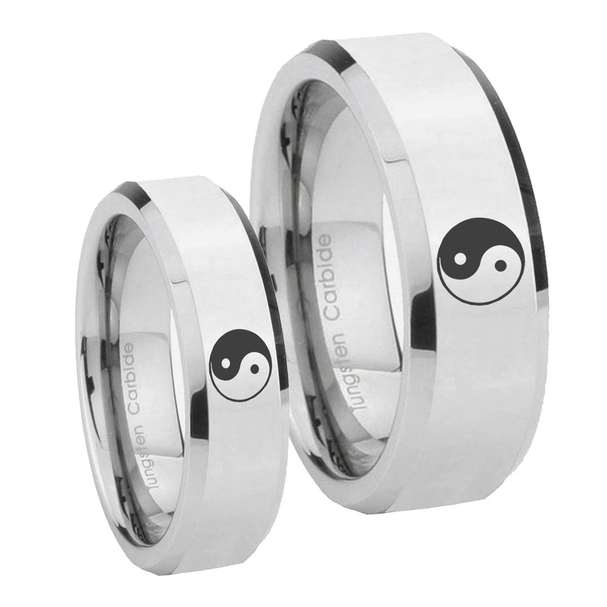 Yin Yang Beveled Edges Silver Tungsten Mens Band Set
