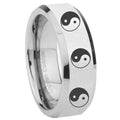 10mm Multiple Yin Yang Beveled Edges Silver Tungsten Carbide Custom Mens Ring