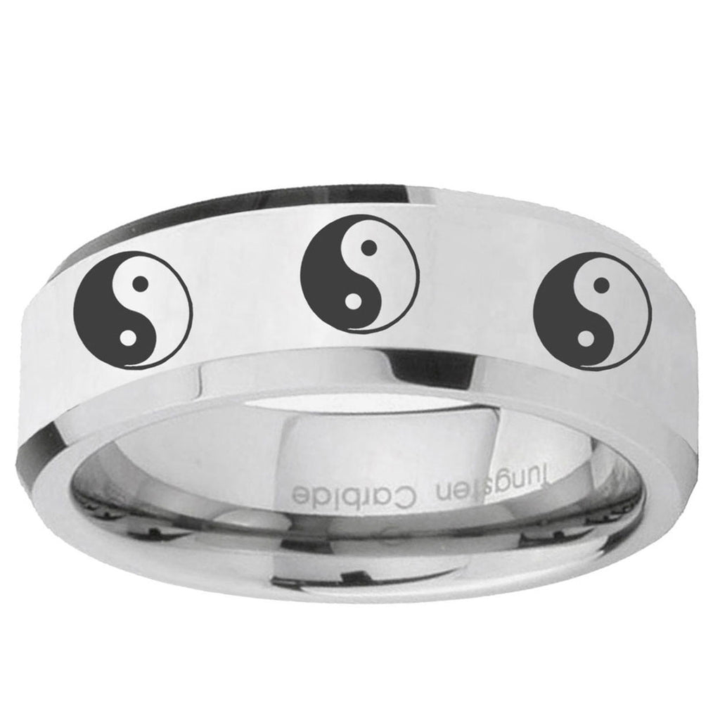 10mm Multiple Yin Yang Beveled Edge Silver Tungsten Ring
