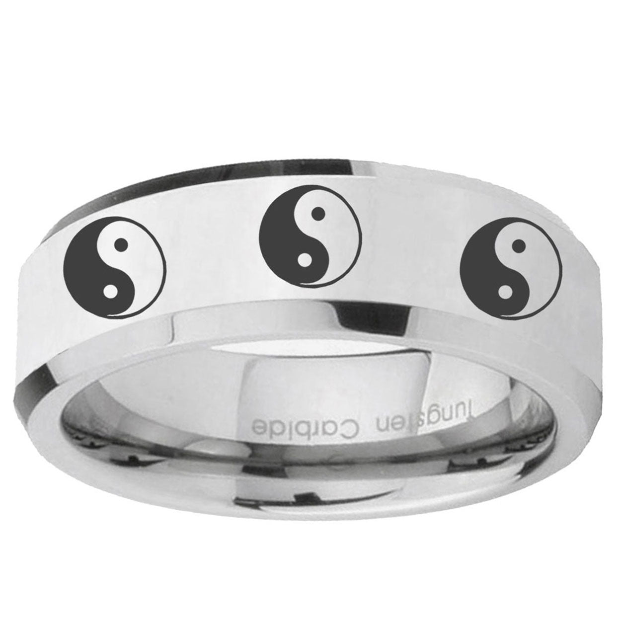 10mm Multiple Yin Yang Beveled Edge Silver Tungsten Ring