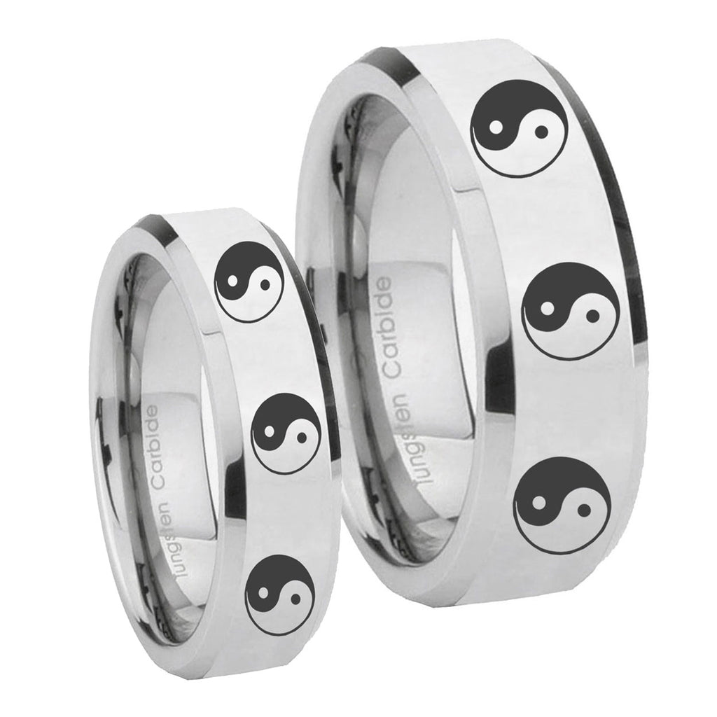 Multiple Yin Yang Beveled Edges Silver Tungsten Wedding Set Ring
