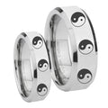 Multiple Yin Yang Beveled Edges Silver Tungsten Wedding Set Ring