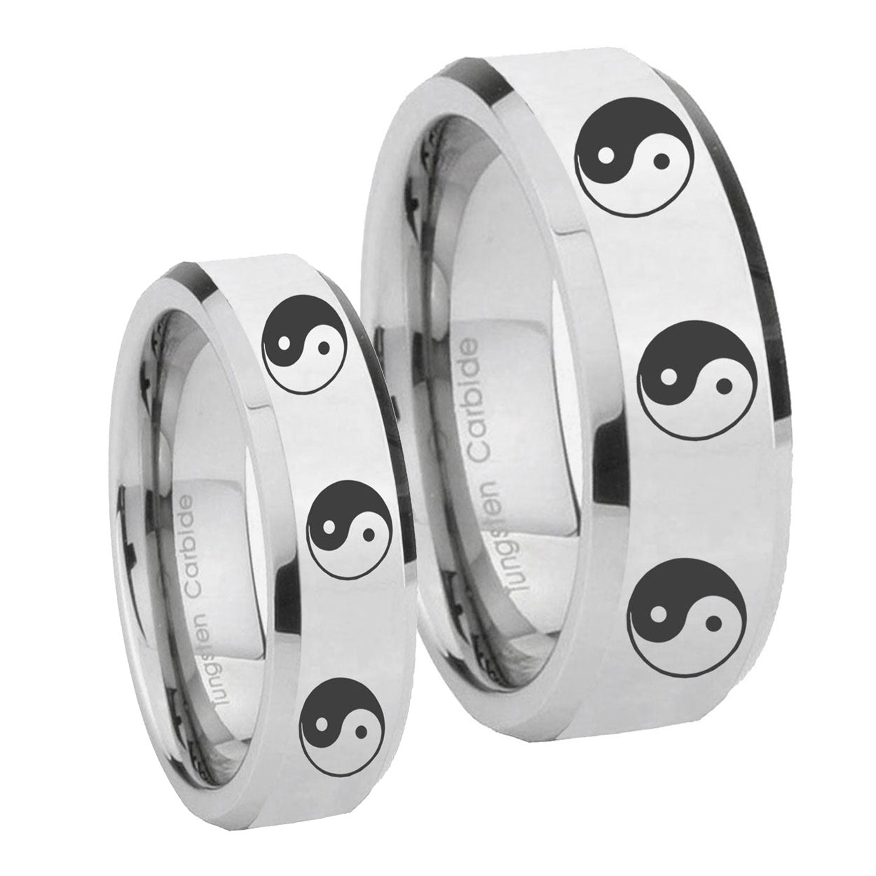 Multiple Yin Yang Beveled Edges Silver Tungsten Wedding Set Ring
