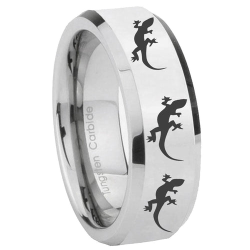 10mm Multiple Lizard Beveled Edges Silver Tungsten Mens Anniversary Ring