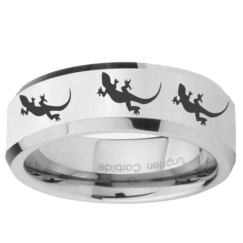 10mm Multiple Lizard Beveled Edge Silver Tungsten Ring