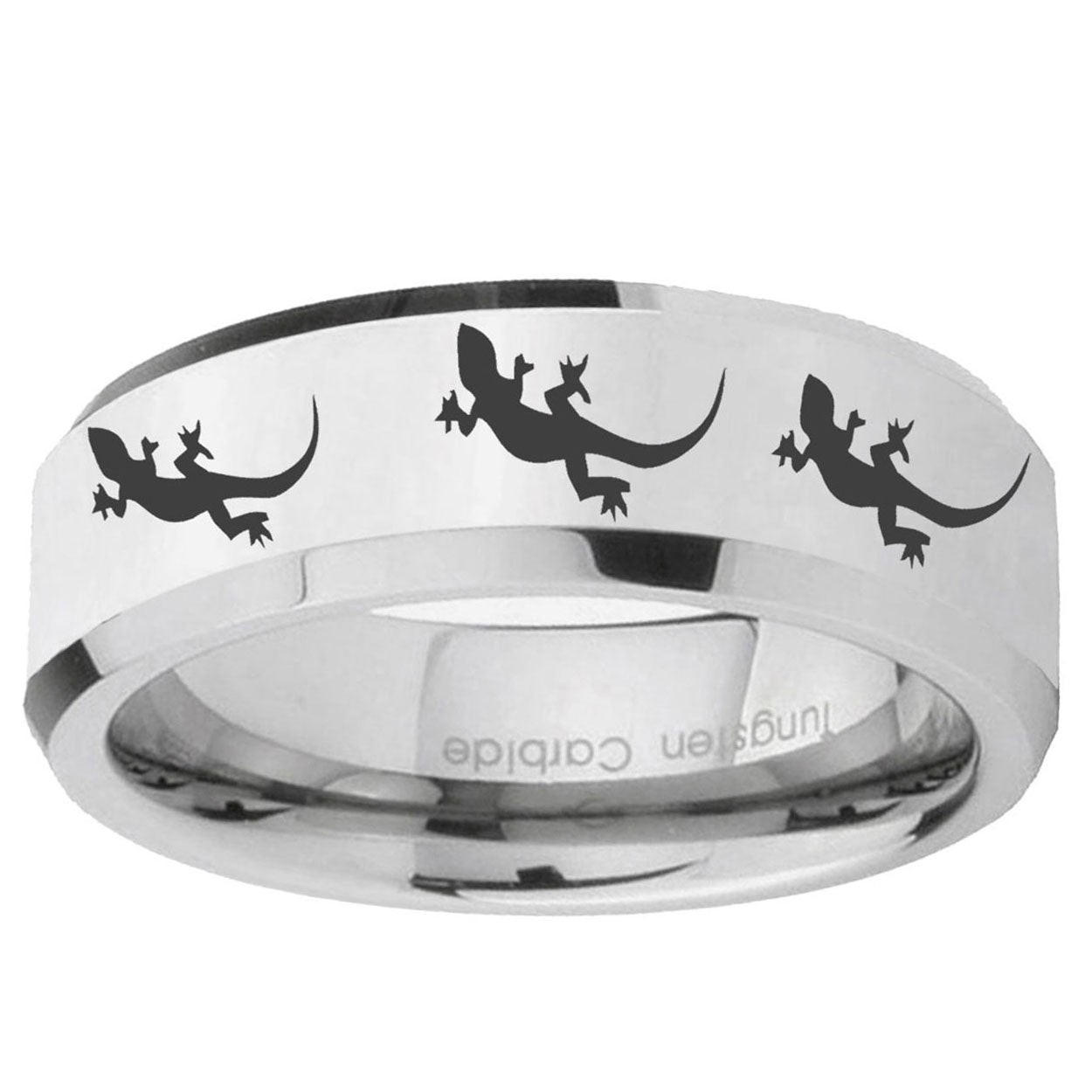 10mm Multiple Lizard Beveled Edge Silver Tungsten Ring