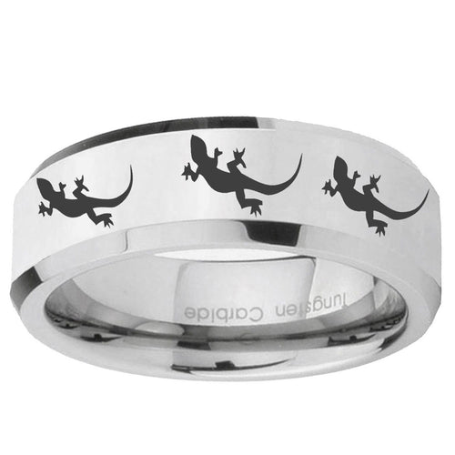 10mm Multiple Lizard Beveled Edge Silver Tungsten Ring