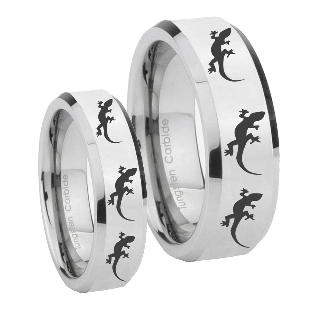 Multiple Lizard Beveled Edges Silver Tungsten Couple Band Set