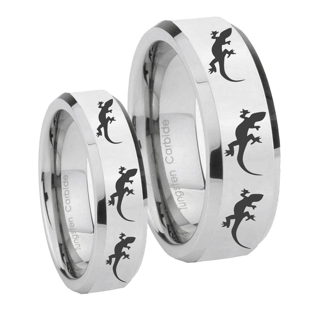 Multiple Lizard Beveled Edges Silver Tungsten Couple Band Set