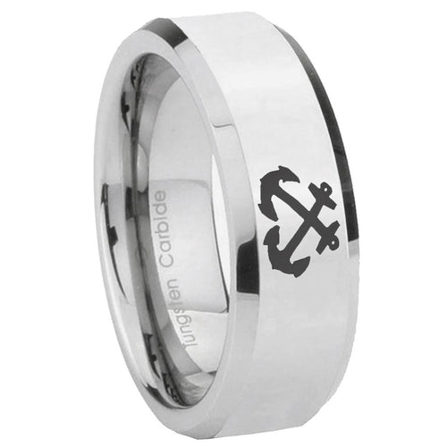 10mm Anchor Beveled Edges Silver Tungsten Carbide Personalized Ring
