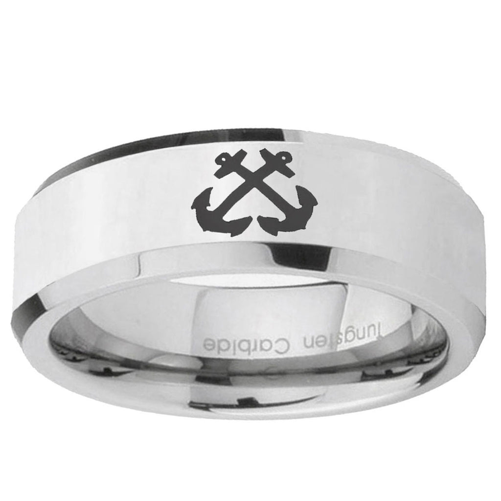 10mm Anchor Beveled Edge Silver Tungsten Ring