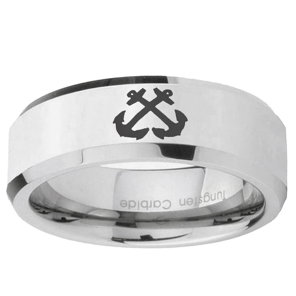10mm Anchor Beveled Edge Silver Tungsten Ring