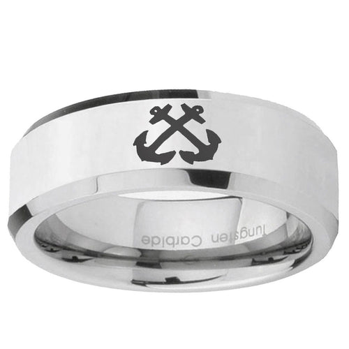 10mm Anchor Beveled Edge Silver Tungsten Ring