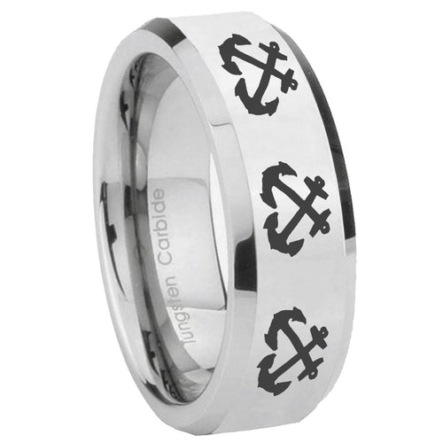 10mm Multiple Anchor Beveled Edges Silver Tungsten Carbide Mens Promise Ring