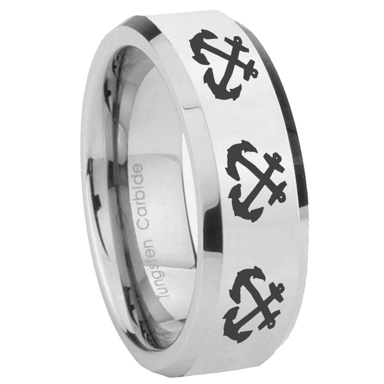 8MM Multiple Anchor Bevel Bevel Polish Silver Tungsten Ring Men