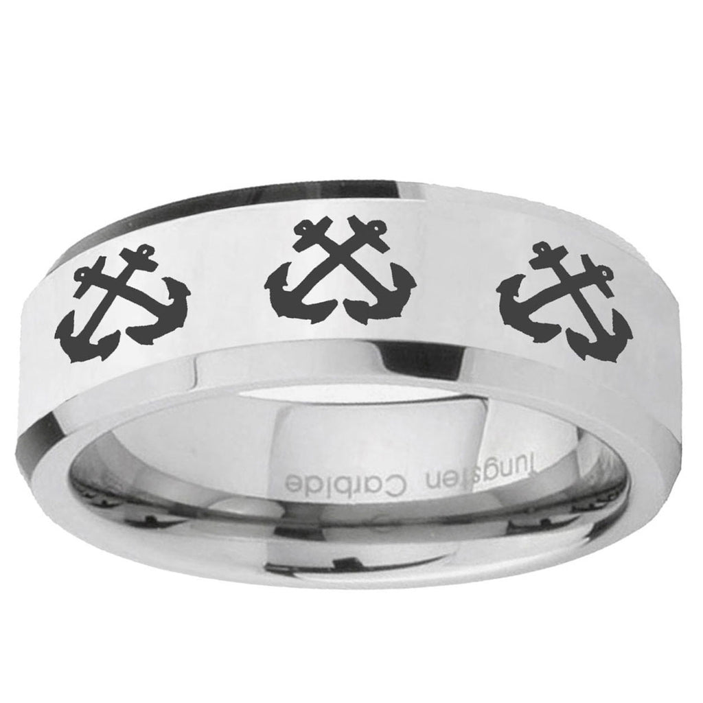 10mm Multiple Anchor Beveled Edge Silver Tungsten Ring