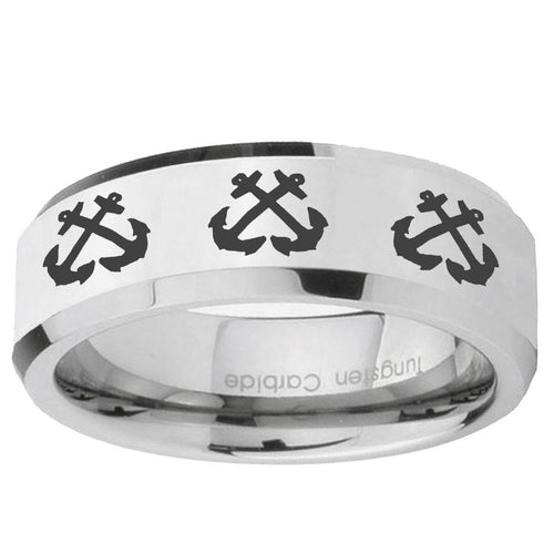 10mm Multiple Anchor Beveled Edge Silver Tungsten Ring